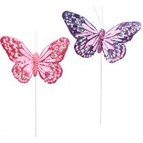 Article Papillons décoratifs sur plumes en fil violet rose 7×10cm 12 pcs