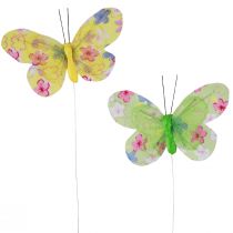 Article Papillons décoratifs sur fil fleurs jaune vert 6×9cm 12pcs