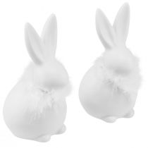Article Lapin en Céramique Blanc Fleurs Assis Plumes 9×7×14cm 2pcs