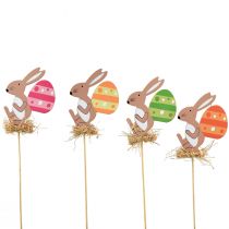 Article Bouchon à fleurs en bois lapin de Pâques avec oeuf coloré 9,5cm 12pcs