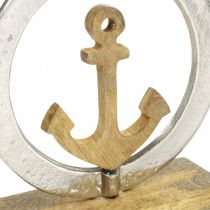 Décoration maritime, ancre en bois dans l&#39;anneau, sculpture, décoration estivale nautique argent, couleurs naturelles H19,5cm