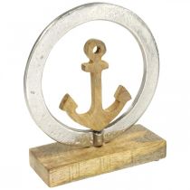 Décoration maritime, ancre en bois dans l&#39;anneau, sculpture, décoration estivale nautique argent, couleurs naturelles H19,5cm