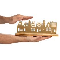 Article Silhouette de maisons en métal doré sur socle en bois 29 cm