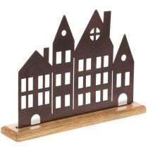 Article Décoration de rangée de maisons, en métal avec base en bois, 30 cm