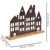 Article Décoration de rangée de maisons, en métal avec base en bois, 30 cm