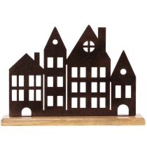 Article Décoration de rangée de maisons, en métal avec base en bois, 30 cm