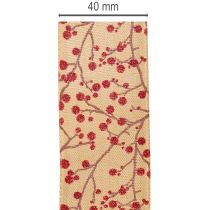 Article Ruban de décoration en tissu avec branches et baies rouges pailletées 40mm x 15m