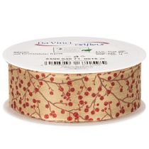Article Ruban de décoration en tissu avec branches et baies rouges pailletées 40mm x 15m