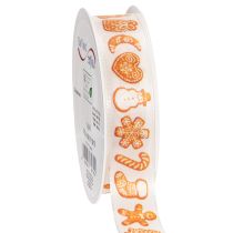 Article Ruban décoratif avec motifs de pain d'épices, 25 mm x 18 m, blanc et orange