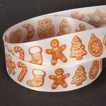 Article Ruban décoratif avec motifs de pain d'épices, 25 mm x 18 m, blanc et orange