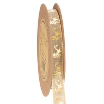 Article Ruban décoratif de Noël avec motif de cerf en polyester 15mm x 15m beige et doré