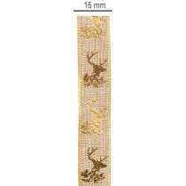 Article Ruban décoratif de Noël avec motif de cerf en polyester 15mm x 15m beige et doré