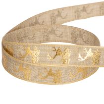 Article Ruban décoratif de Noël avec motif de cerf en polyester 15mm x 15m beige et doré