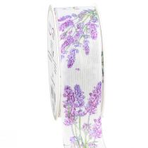 Article Ruban ruban de soie lavande avec bouquet de lavande 40mm 15m