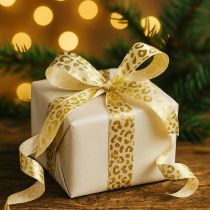 Article Ruban de soie imprimé léopard crème doré 15 mm 18 m