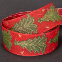 Article Ruban décoratif tissu sapins et étoiles 40mm 15m rouge, vert et doré