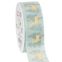 Article Ruban en tissu avec rennes et sapins dorés, bleu clair, 40 mm, 18 m
