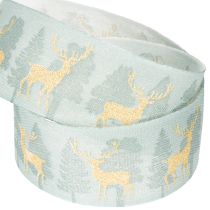 Article Ruban en tissu avec rennes et sapins dorés, bleu clair, 40 mm, 18 m