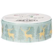 Article Ruban en tissu avec rennes et sapins dorés, bleu clair, 40 mm, 18 m