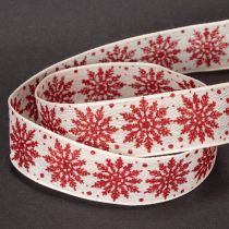 Article Ruban décoratif avec flocons de neige en coton, bordure métallique, blanc et rouge, 25 mm x 20 m, décoration et emballage cadeau