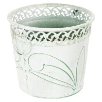 Article Pot de fleurs en métal gaufré avec poignées, blanc et vert, style shabby chic, H 22/19,5/17,5 cm, Ø 25,5/20,5/15,5 cm, lot de 3
