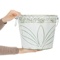 Article Pot de fleurs en métal gaufré avec poignées, blanc et vert, style shabby chic, H 22/19,5/17,5 cm, Ø 25,5/20,5/15,5 cm, lot de 3