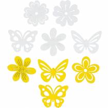 Article Fleurs et papillons à saupoudrer de bois jaune, blanc décoration de printemps décoration de printemps 72pcs