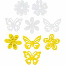 Article Fleurs et papillons à disperser décoration en bois jaune et blanc décoration printanière 72 pièces
