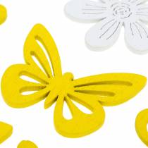 Article Fleurs et papillons à saupoudrer de bois jaune, blanc décoration de printemps décoration de printemps 72pcs