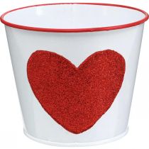 Cache-pot blanc avec coeur dans cache-pot rouge Ø13cm H10.5cm