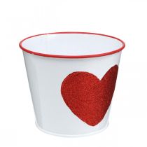 Cache-pot blanc avec coeur dans cache-pot rouge Ø13cm H10.5cm