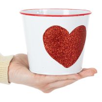 Article Cache-pot blanc en métal avec cœur rouge pailleté Ø13cm H10,5cm