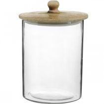 Pot en verre, bonbonnière avec couvercle en bois, verre décoratif couleur naturelle, transparent Ø17cm H24.5cm