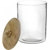 Pot en verre, bonbonnière avec couvercle en bois, verre décoratif couleur naturelle, transparent Ø17cm H24.5cm