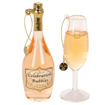 Article Set de suspensions de Noël en verre - Bouteille et flûte de champagne, 14cm, couleur dorée