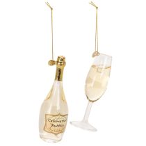 Article Ensemble pendentif bouteille et verre à champagne, décoration de sapin de Noël, 14 cm, 2 pièces
