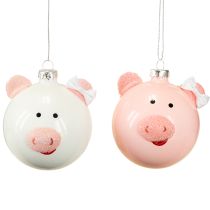 Article Boule de Noël cochon rose blanc boule en verre Ø8cm 2pcs