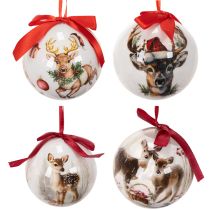 Article Boules de Noël en plastique avec motifs cerfs et rubans rouges 7 cm set de 4
