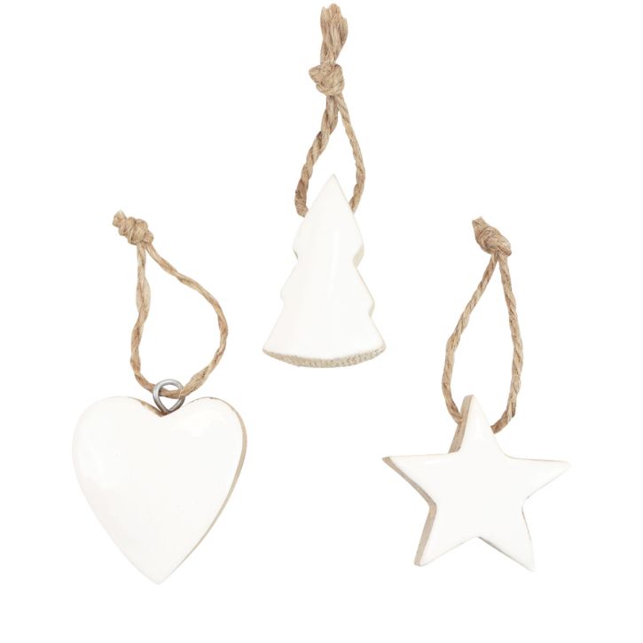 Article Décorations pour sapin de Noël mélange de bois coeur étoile sapin de Noël blanc, naturel 5cm 27pcs