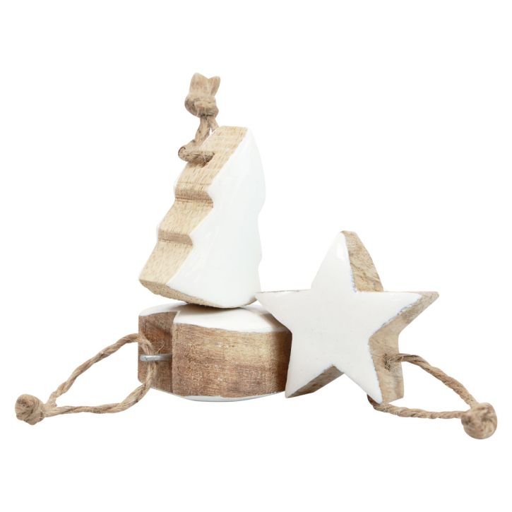 Article Décorations pour sapin de Noël mélange de bois coeur étoile sapin de Noël blanc, naturel 5cm 27 pcs