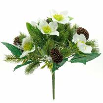Bouquet de roses de Noël artificielles avec sapin et cônes H26cm