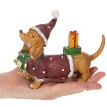 Article Figurine décorative teckel en polyresine avec manteau, bonnet et cadeau 18 cm