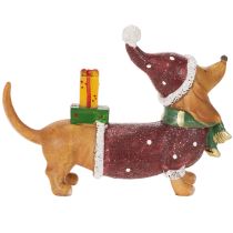 Article Figurine décorative teckel en polyresine avec manteau, bonnet et cadeau 18 cm