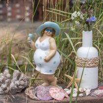 Dame au chapeau, décoration mer, été, baigneuse bleu/blanc H27cm