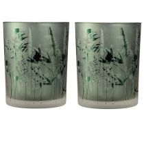 Article Lanterne décorative en verre vert blanc motif prairie H12,5cm 2 pièces