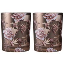 Article Lanterne décorative en verre pivoines marron argenté H12,5 cm 2 pcs