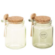 Article Lot de 2 bocaux décoratifs en verre vert avec couvercle en liège et cuillère en bois Ø7 cm H10 cm