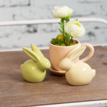 Article Lapin décoratif, jaune, vert, marron, figurine en céramique moderne pour Pâques, 8,5 cm, lot de 3