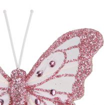 Article Papillons décoratifs en plumes rose pailleté 7,5x7cm 4 pcs