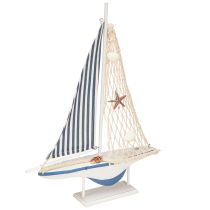 Article Voilier décoratif en bois coquillages blanc bleu L26,5cm H37cm